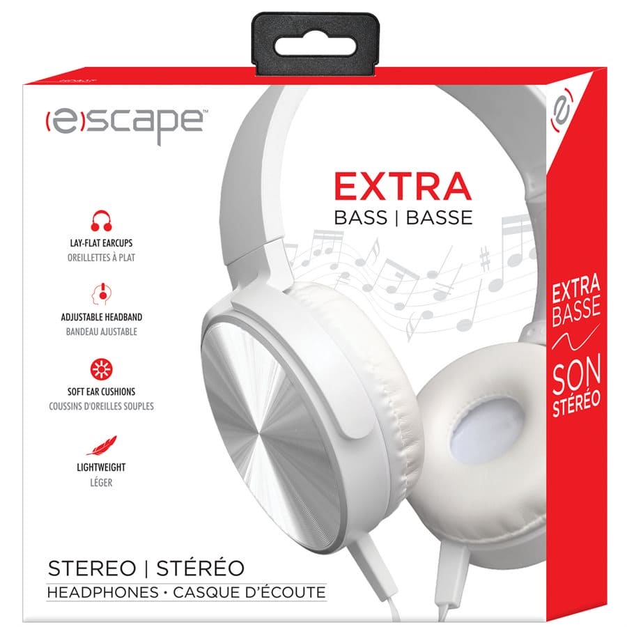 EXTRA BASS OVER-THE-EAR FOLDABLE STEREO HEADPHONES, WHITE - Brantford Surplus