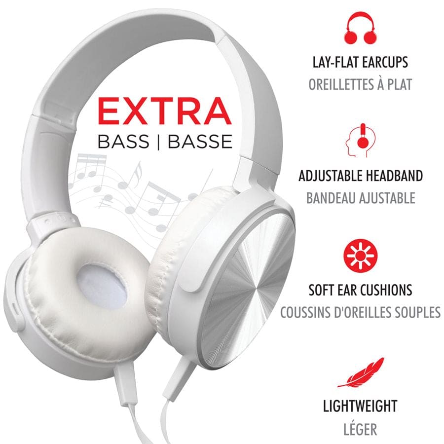 EXTRA BASS OVER-THE-EAR FOLDABLE STEREO HEADPHONES, WHITE - Brantford Surplus