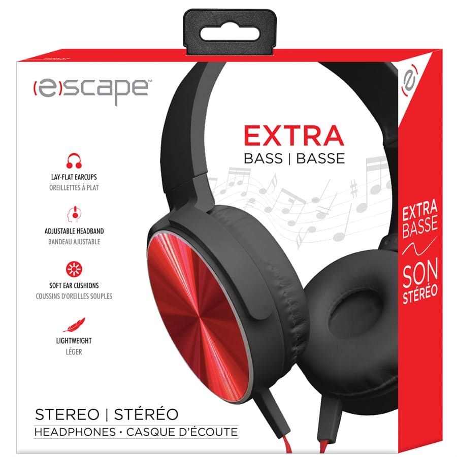 EXTRA BASS OVER-THE-EAR FOLDABLE STEREO HEADPHONES, Red - Brantford Surplus