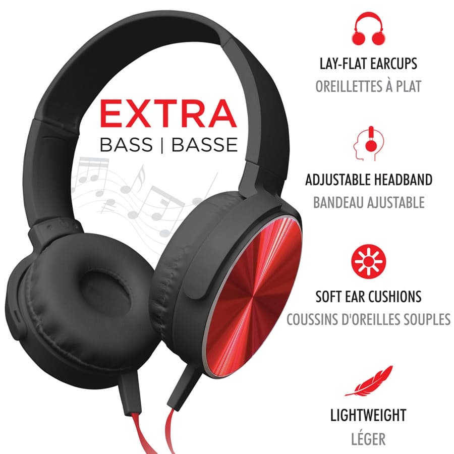 EXTRA BASS OVER-THE-EAR FOLDABLE STEREO HEADPHONES, Red - Brantford Surplus