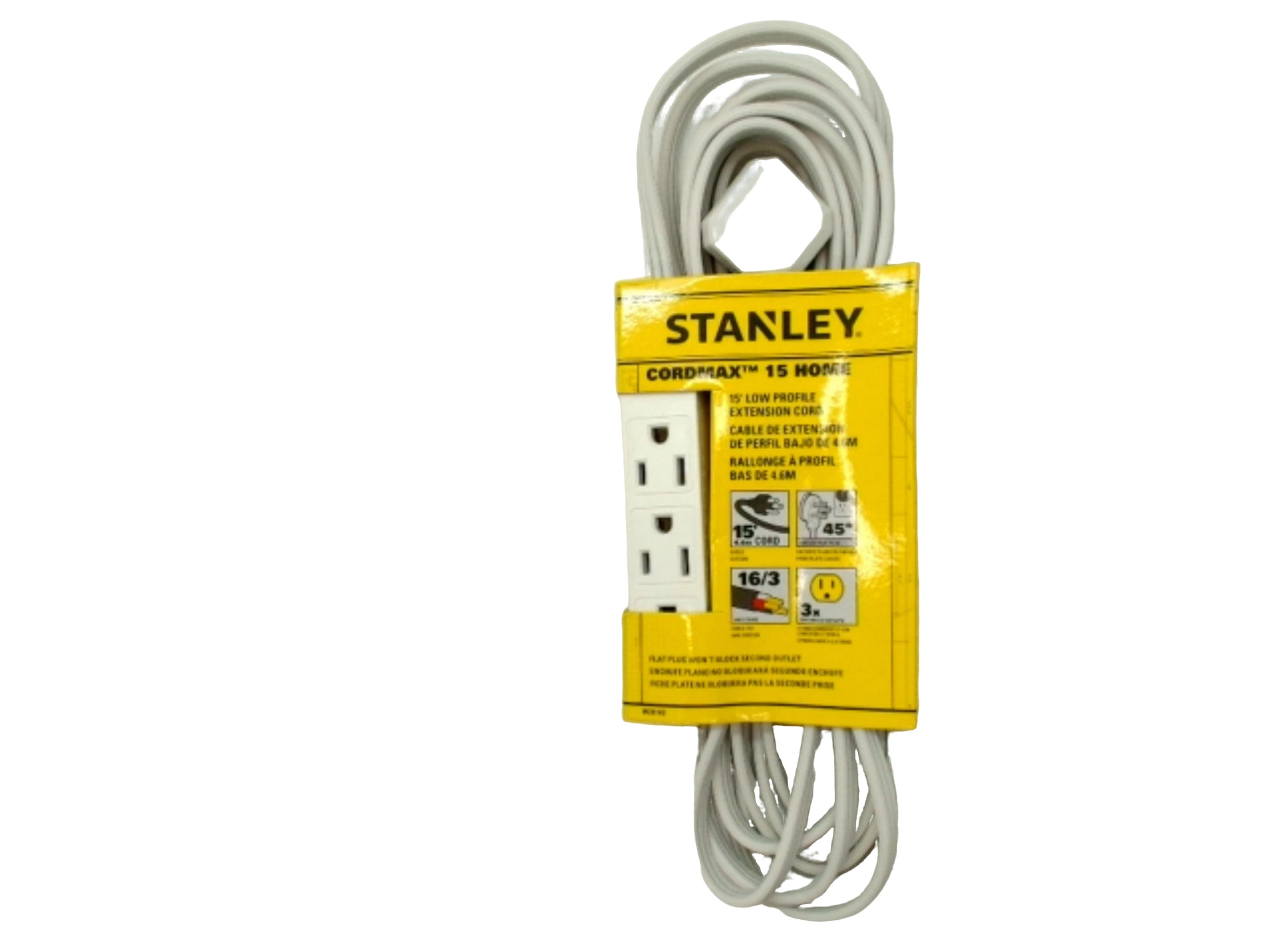 Low profile extension cord - 15 foot white 3 prong 3 outlet Stanley