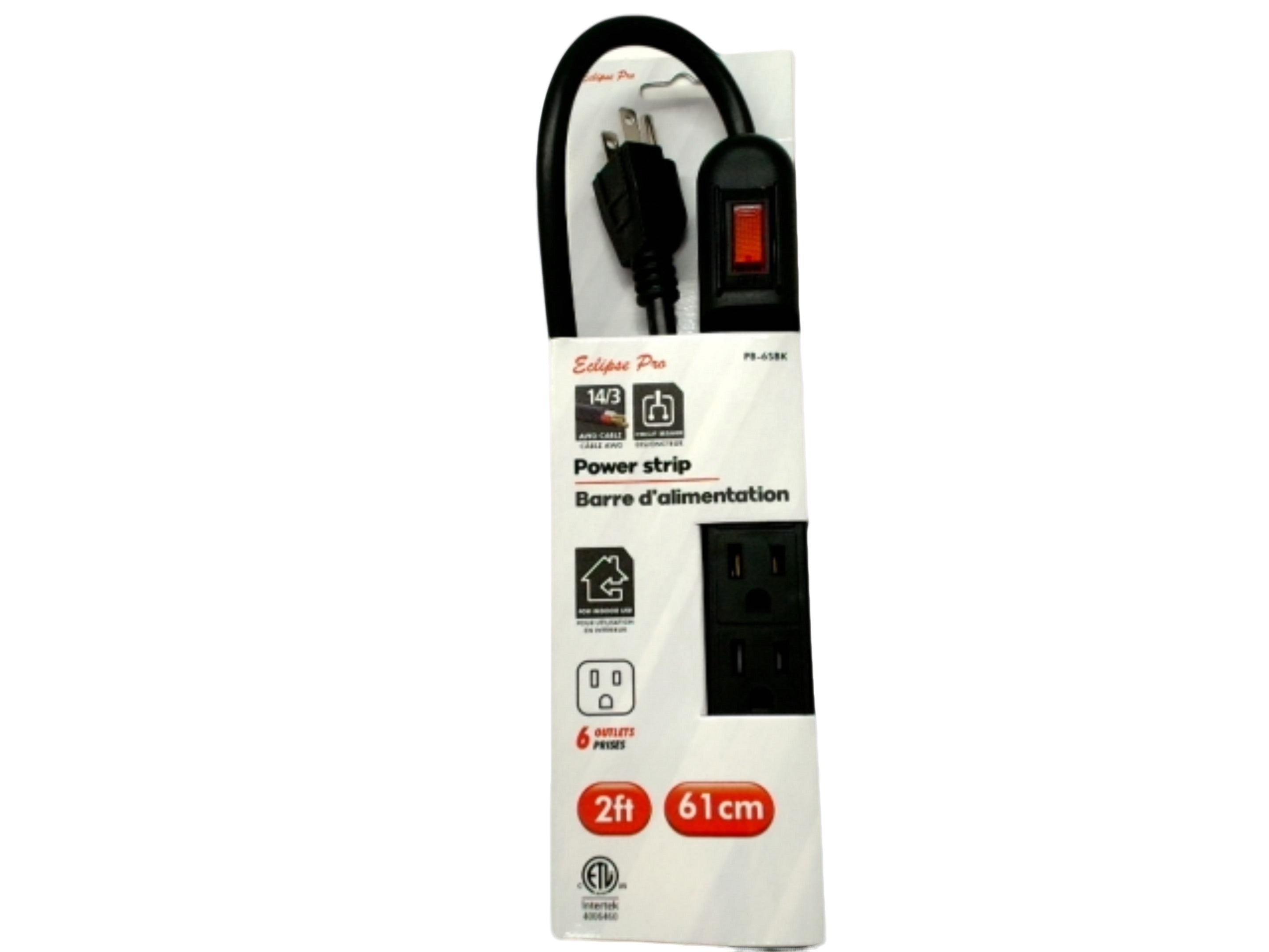 Black 6-Outlet Power Strip with 2ft Cord