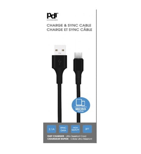 USB A to Micro USB Cable 3Ft Black PDI