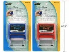 Two rubber stamp sets are displayed, one blue and one red, each labeled "PAID" on a colorful backing.