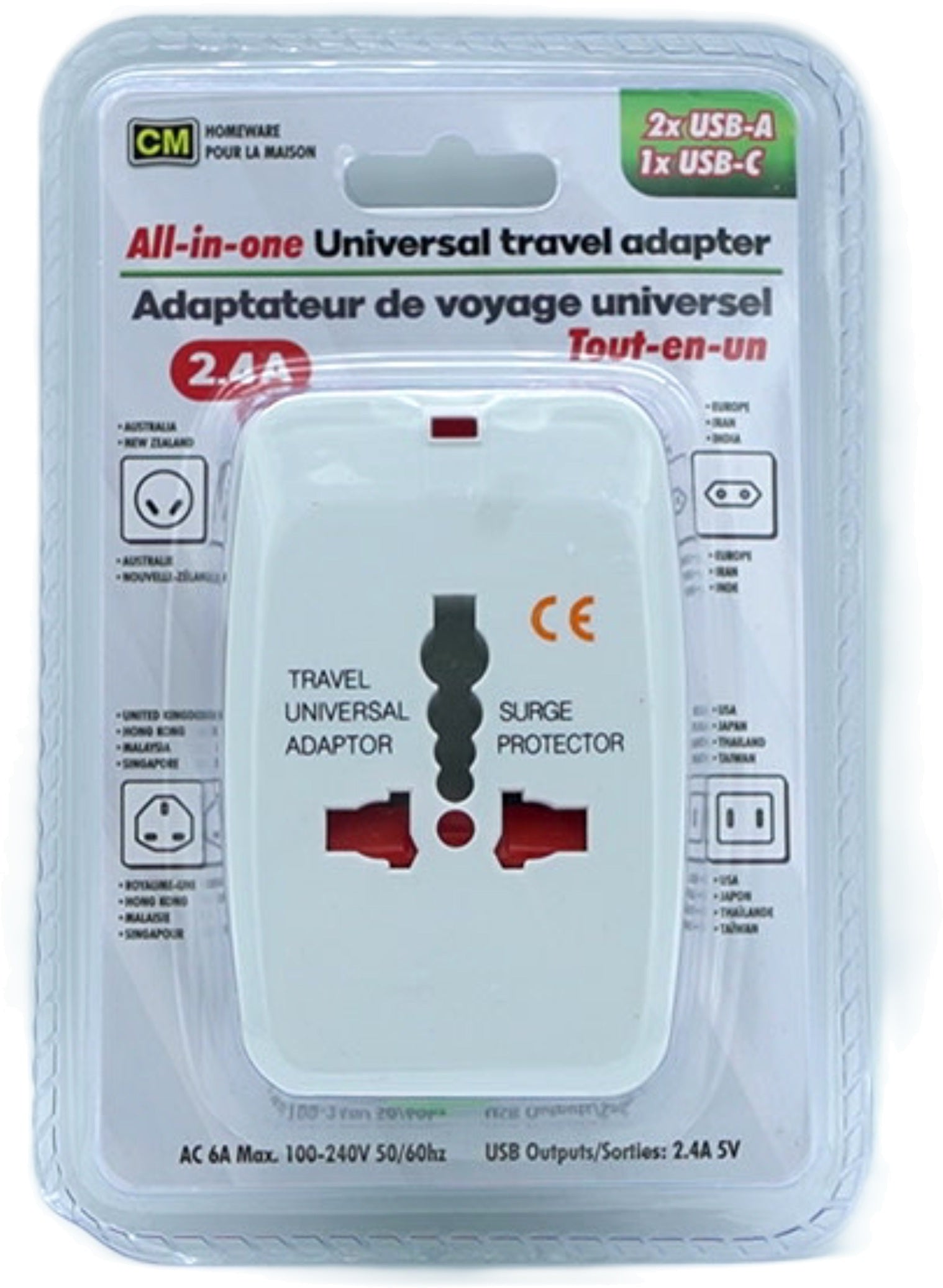 Universal Travel Adapter with USB-C and Dual USB Ports