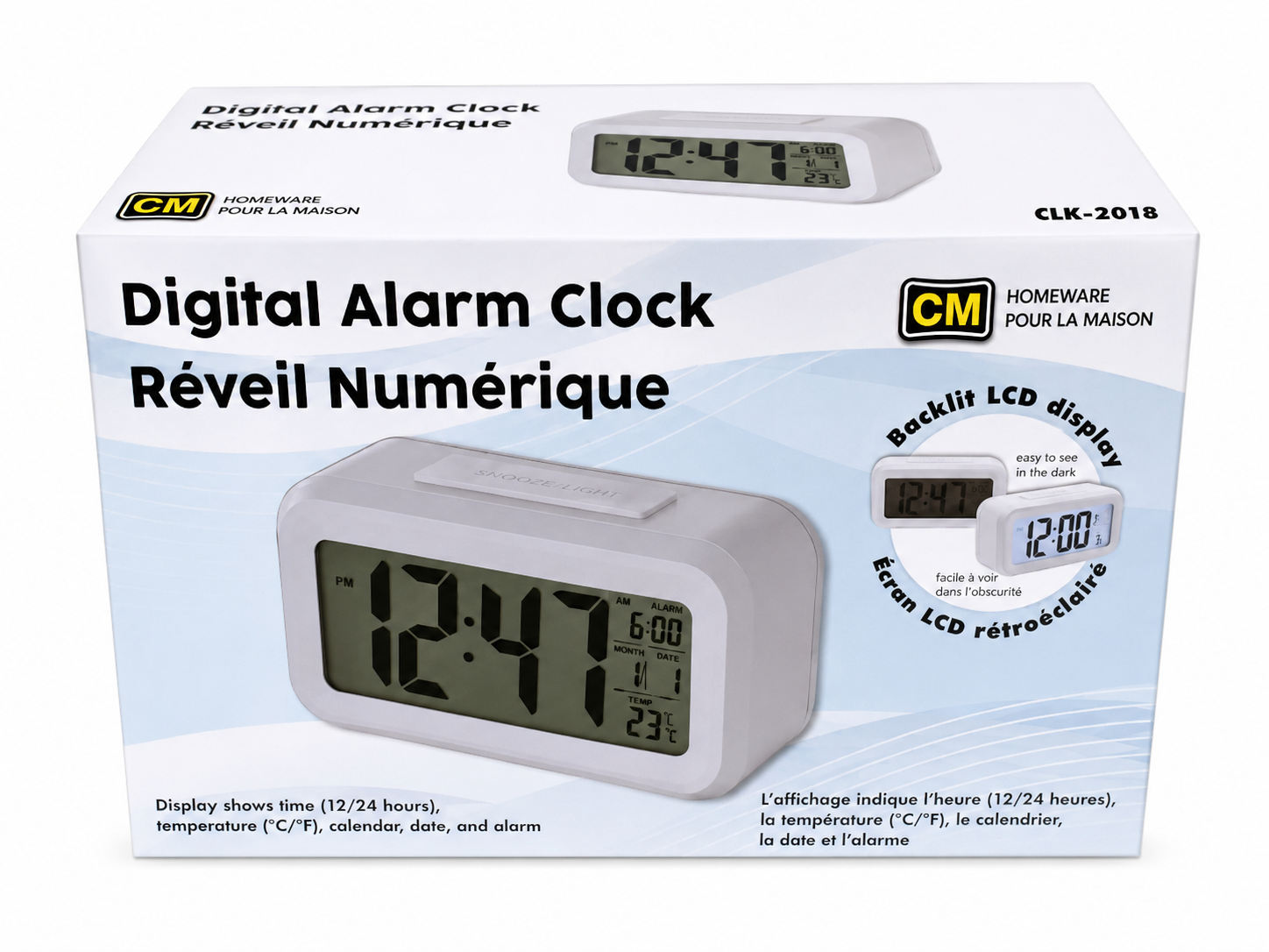 Digital alarm clock with time temperature and date