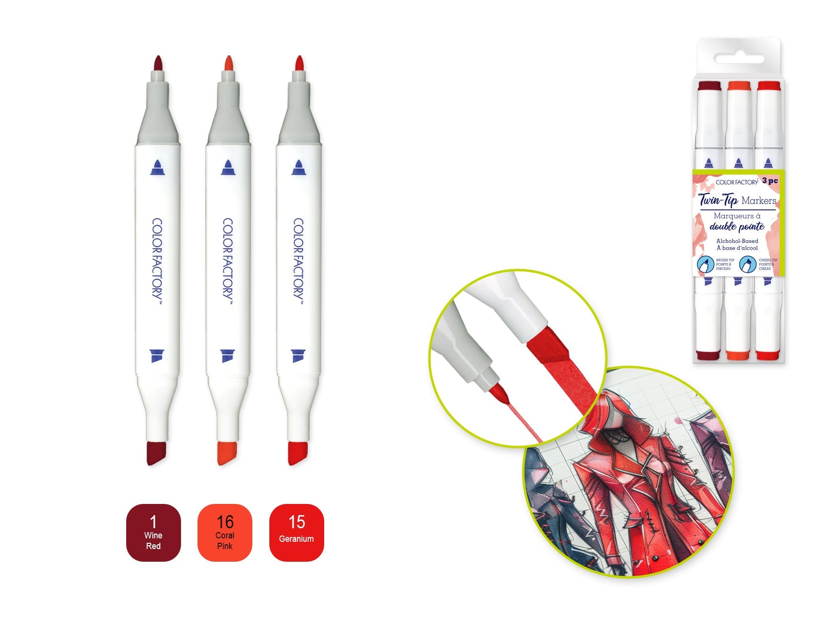 Color Factory: Alcohol Based Twin Markers Fine+Chisel Tips 3pk B) Rose - Brantford Surplus
