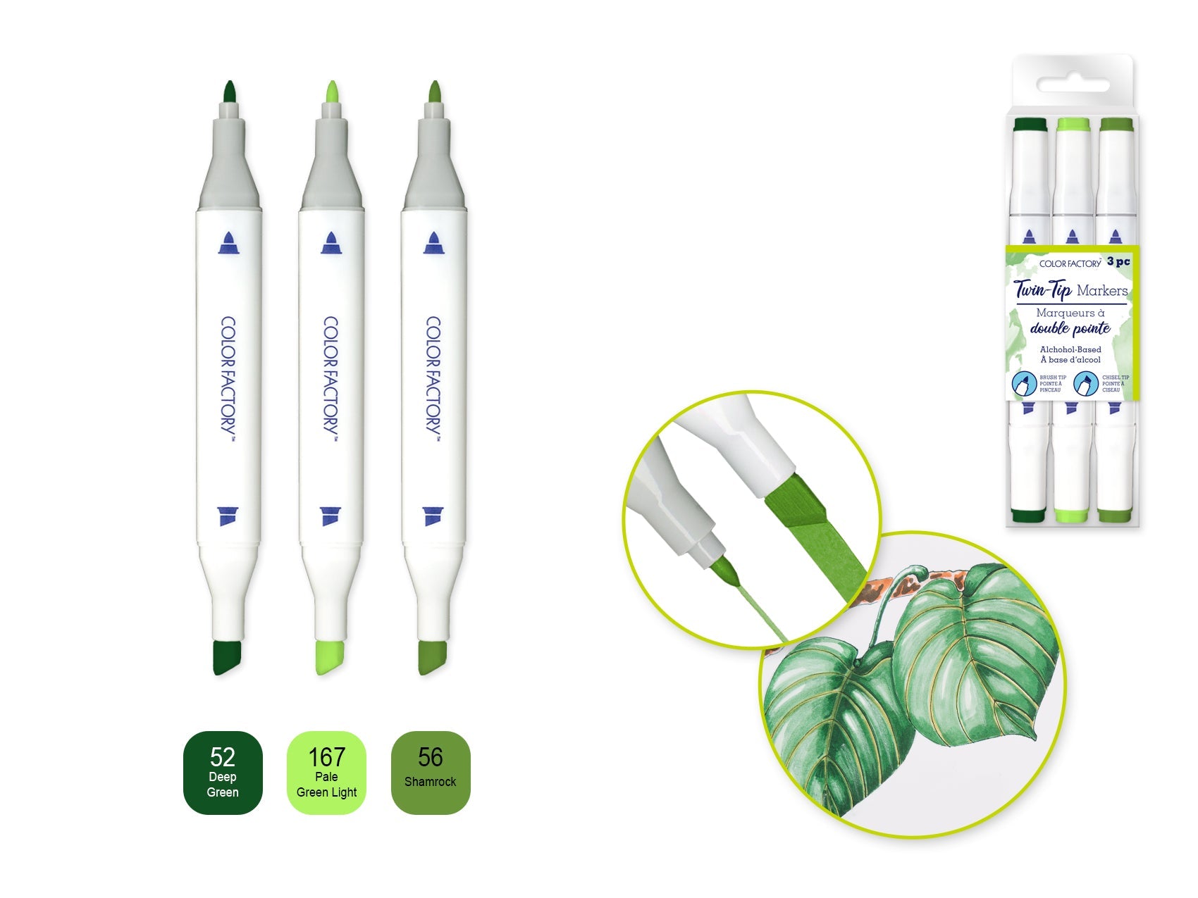 Color Factory: Alcohol Based Twin Markers Fine+Chisel Tips 3pk E) Verdi - Brantford Surplus