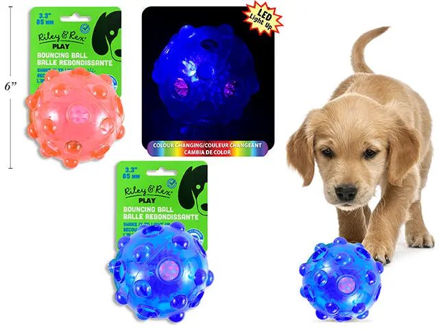 Dog Bouncing Ball 85mm PVC Light - Up. 3 Asst.Colours. - Brantford Surplus
