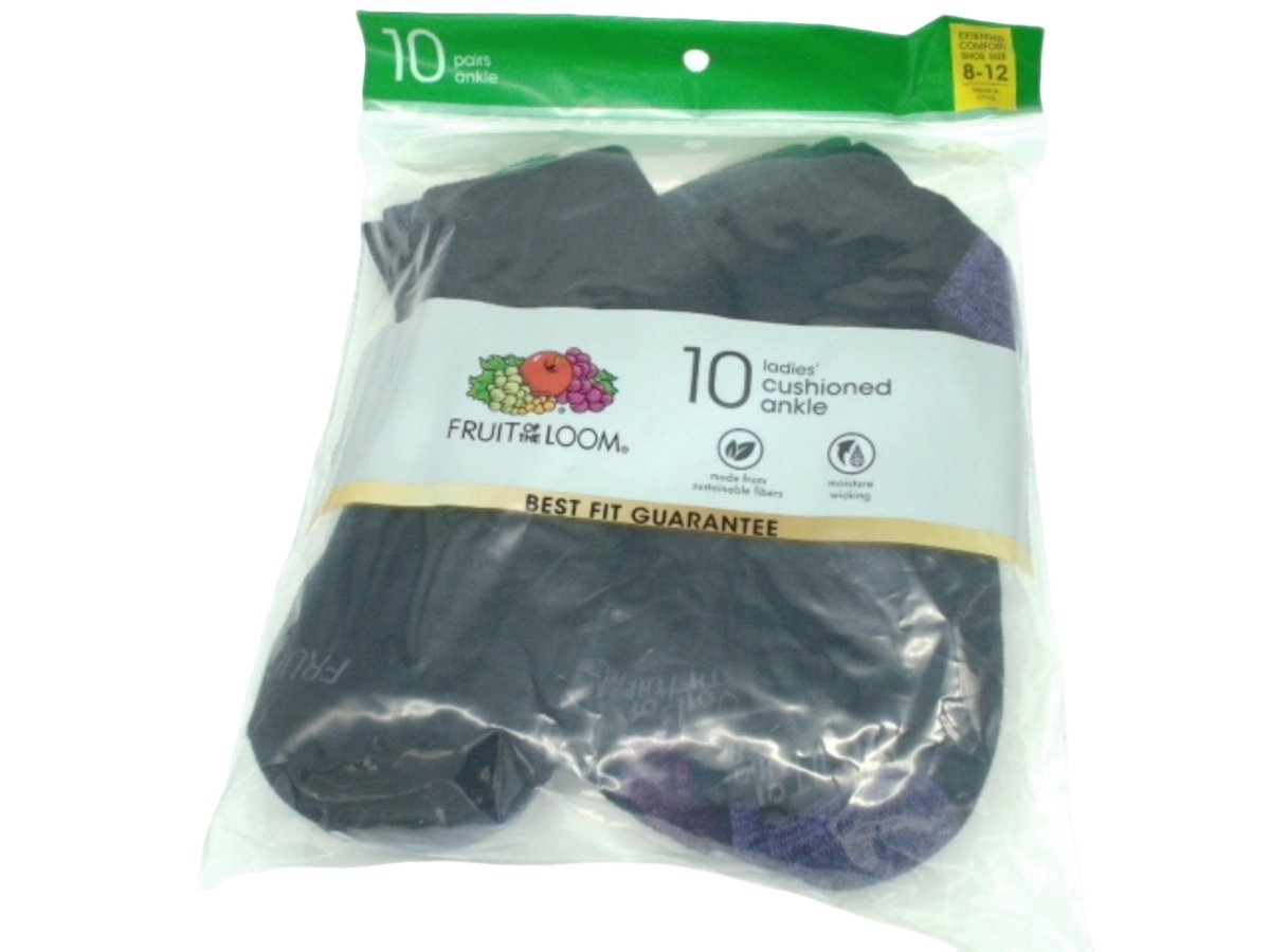 Fruit of the Loom Women's Cushioned Ankle Socks 10 - Pack Black - Brantford Surplus