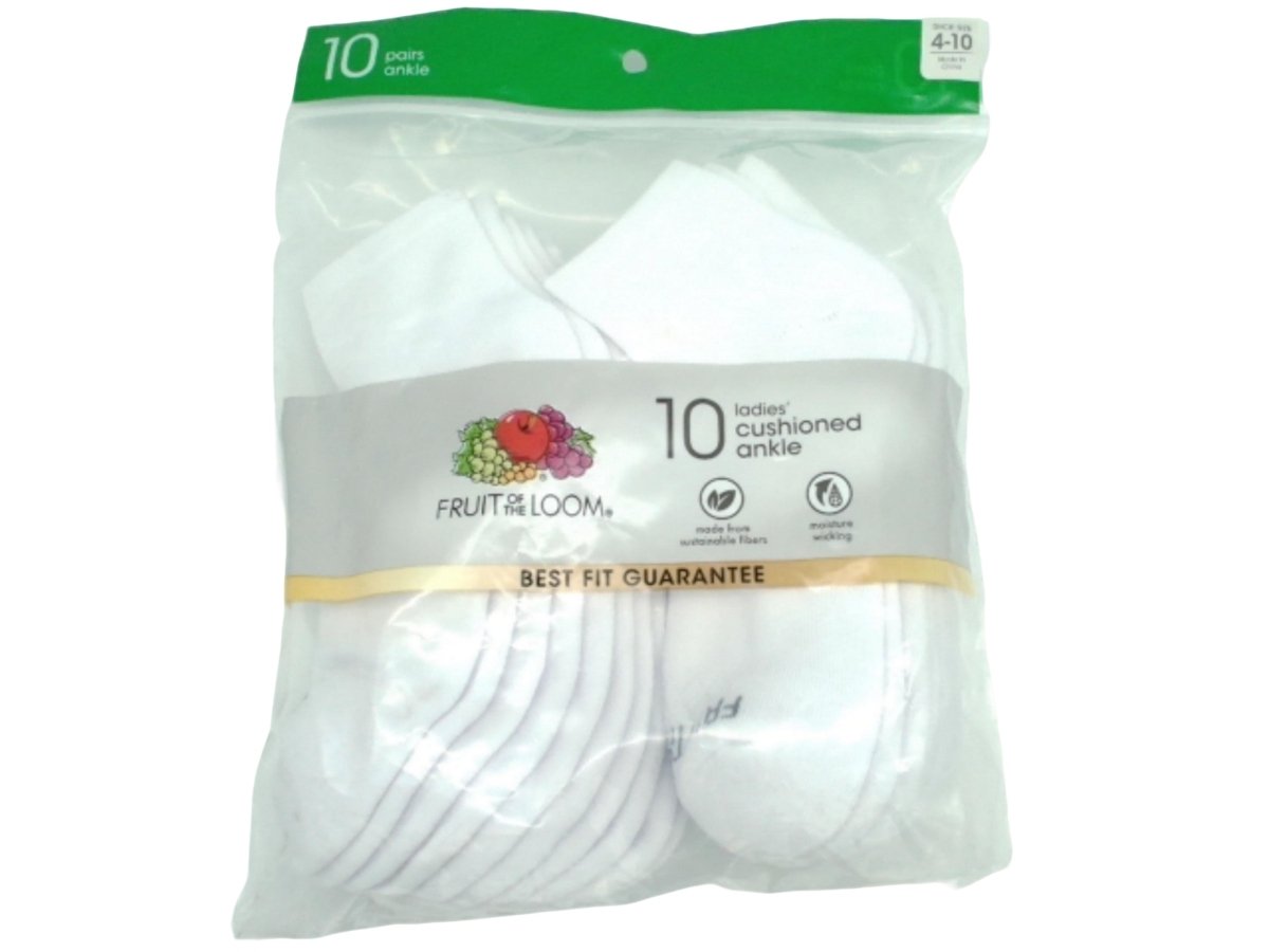 Fruit of the Loom Women's Cushioned Ankle Socks 10 Pack White - Brantford Surplus
