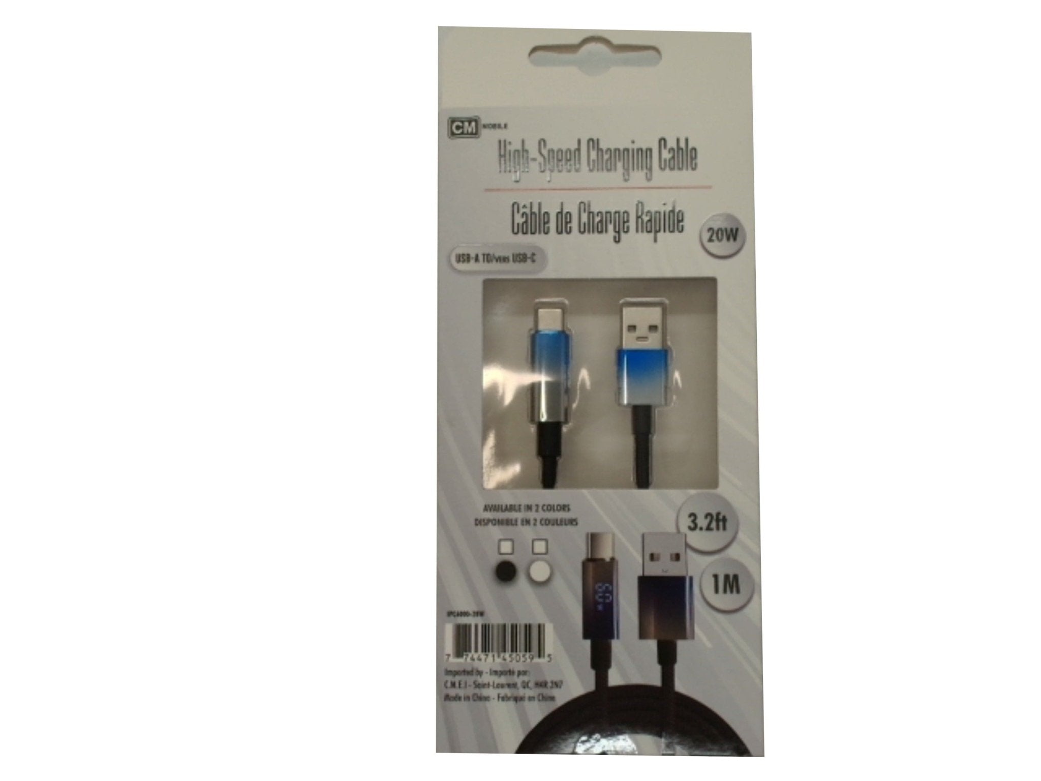 High speed charging cable Type - C® to USB - A 3.2 feet 1M 20W - Brantford Surplus