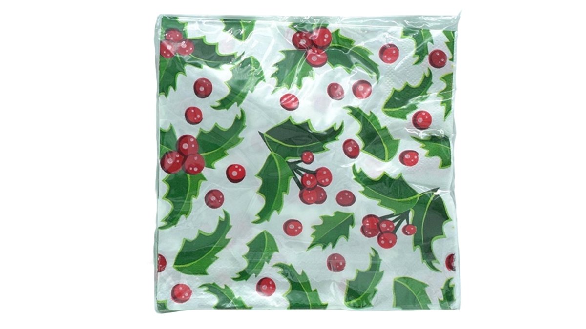 Holly Berry Christmas Napkins - Festive Holiday Paper Serviettes - Brantford Surplus