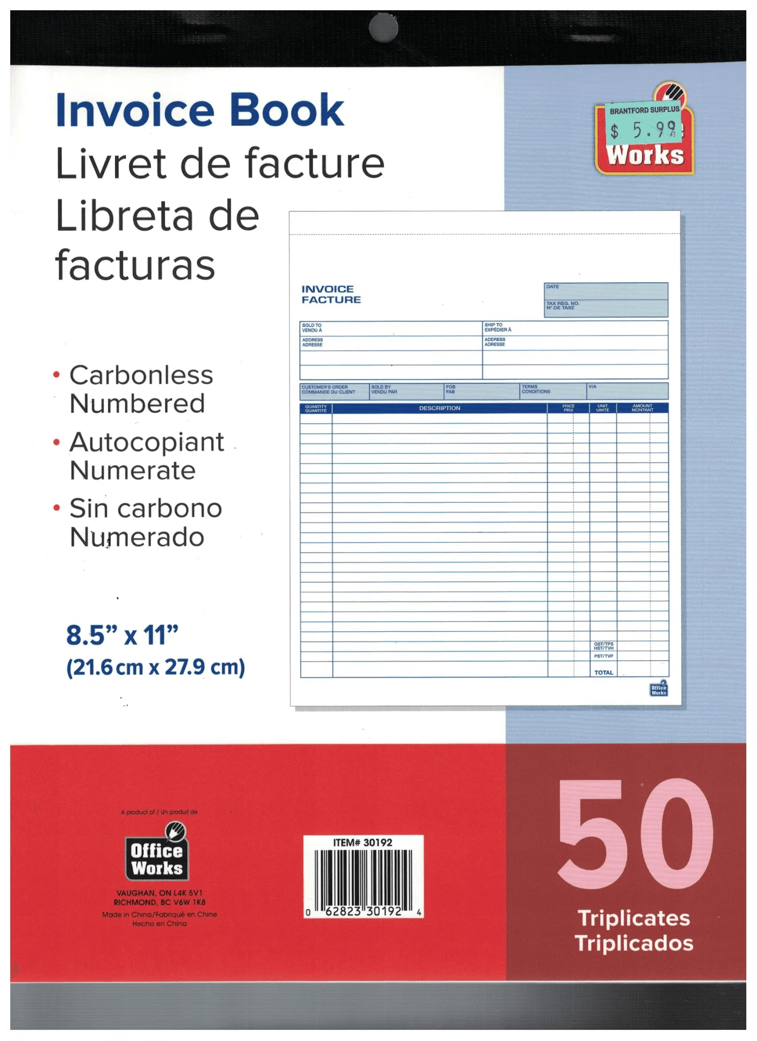 Invoice book 50 8.5x11 inch 50 carbonless triplicates - Brantford Surplus