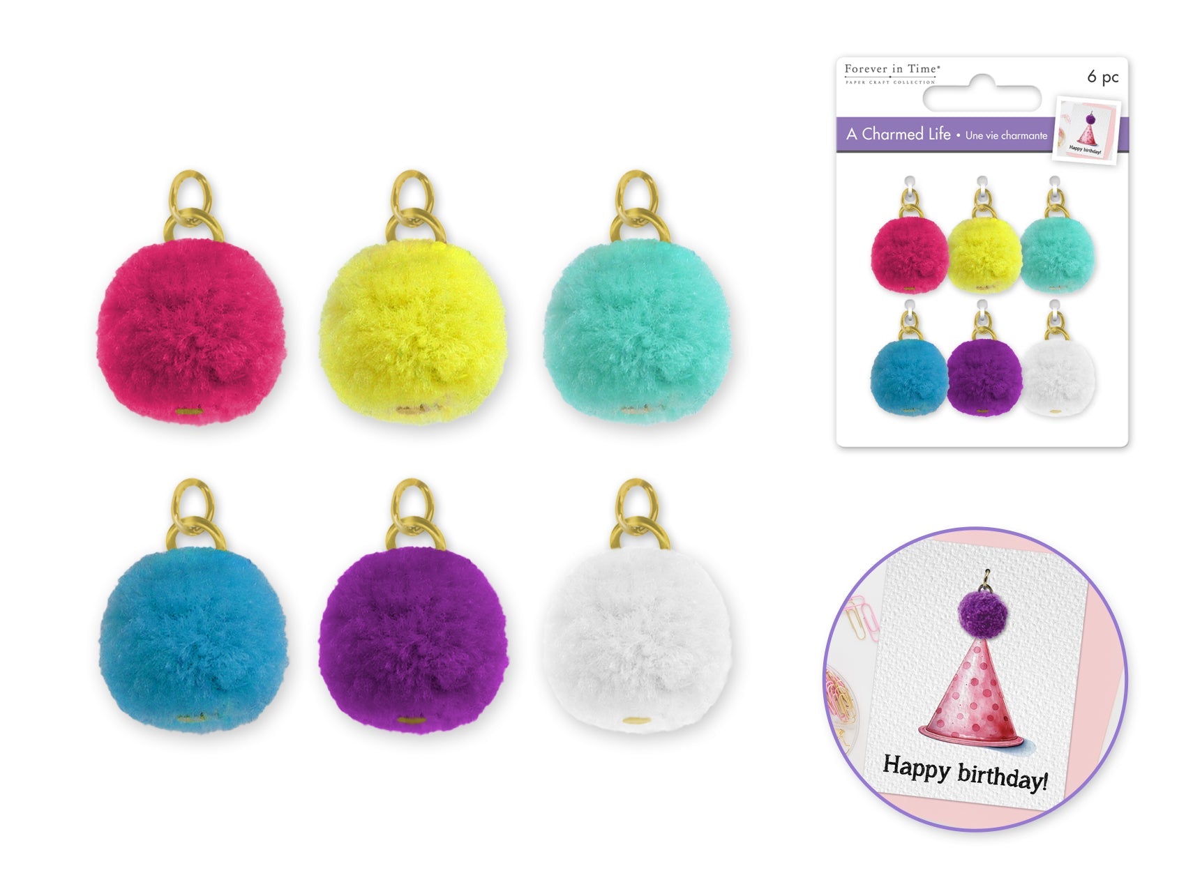 Paper Craft Emb: Charmed Life Asst Charms w/Hoop Finding D) Glamour Poms - Brantford Surplus
