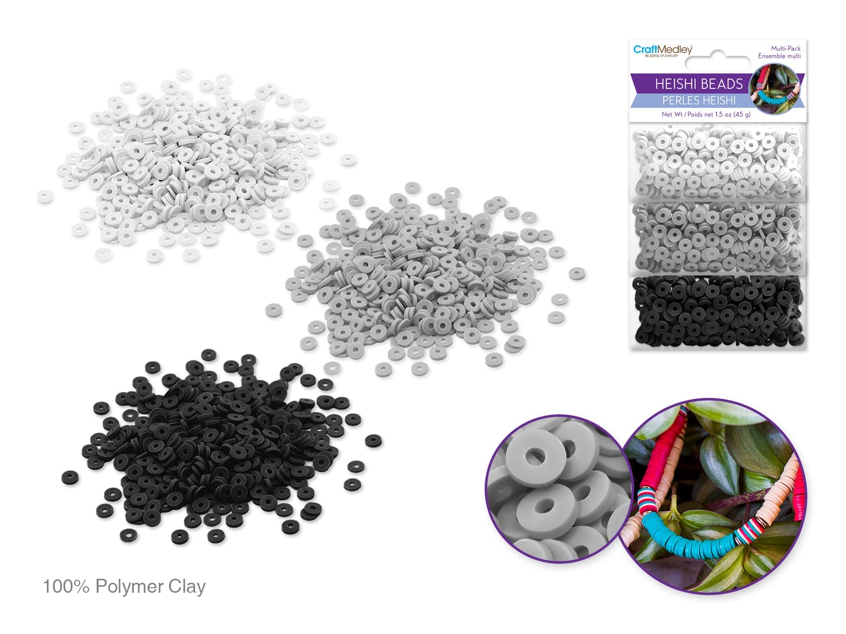 Polymer Clay Beads: 6mm Round Heishi 45g 3 - Col 15g ea E) Classic - Brantford Surplus