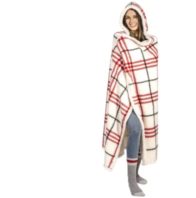Reversible Sherpa Hooded Throw Blanket - Plaid Red 48x65" - Brantford Surplus