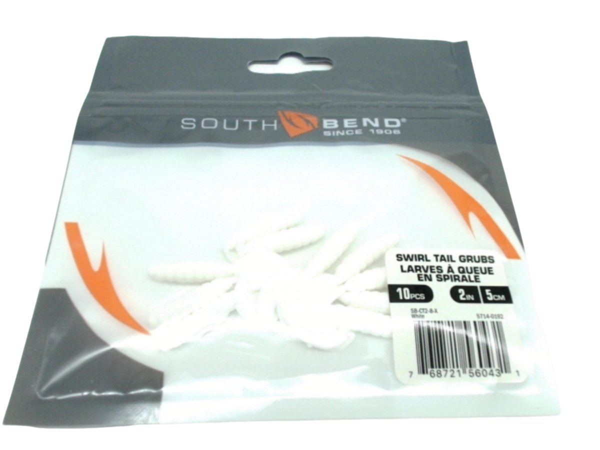 South Bend White Swirl Tail Grubs 2" 10 - Pack Soft Bait - Brantford Surplus