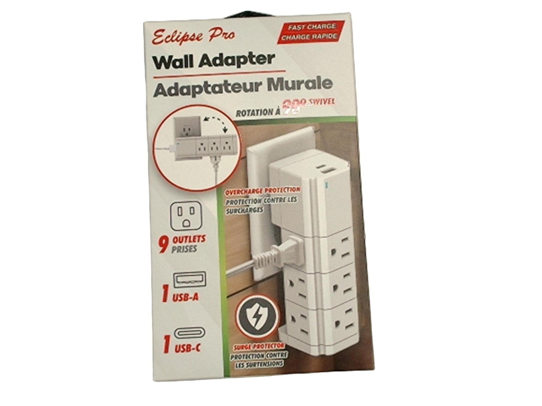 Wall Adapter 9 Outlets 1 USB - A 1 USB - C Fast Charge Swivel - Brantford Surplus