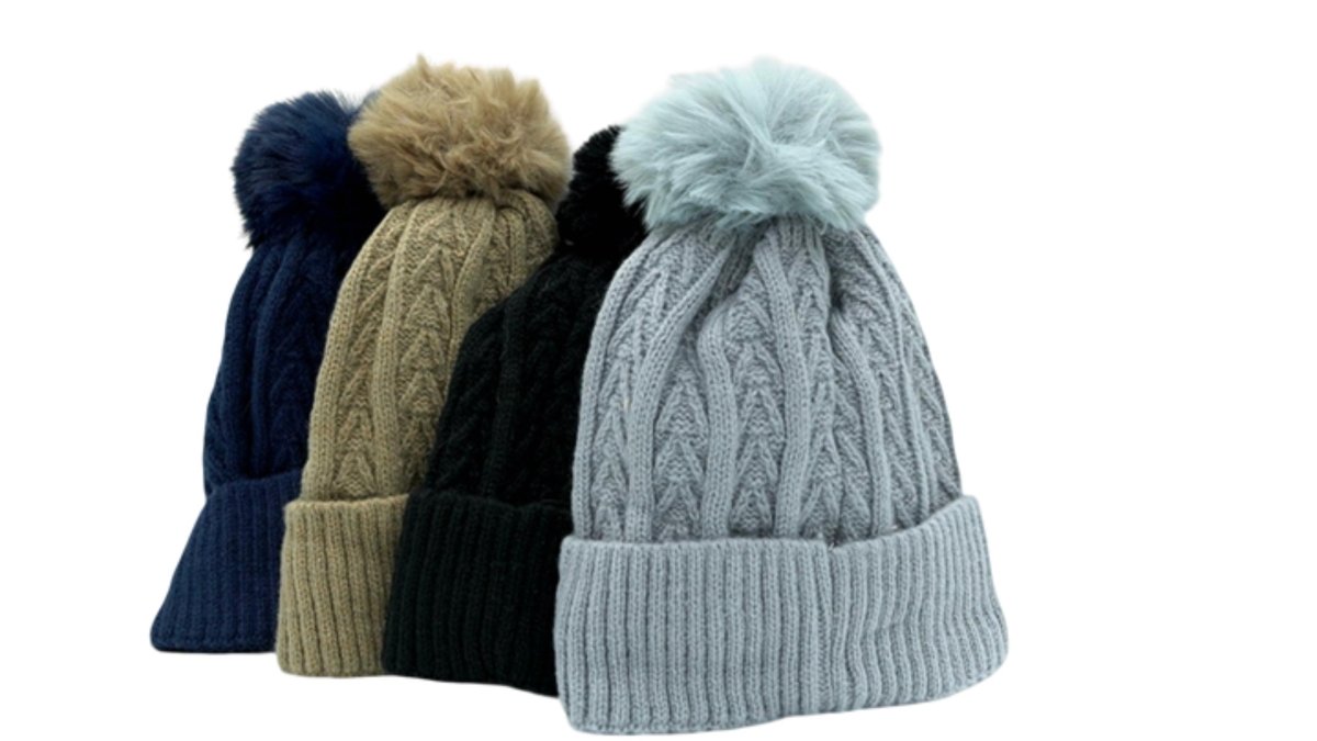 Women's Winter Pom Pom Beanie Hat - Ruby Assorted Colors - Brantford Surplus