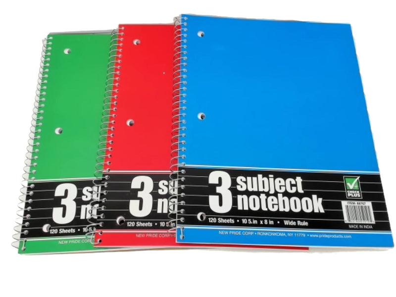 3 Subject Notebook 120 10.5" X 8" 120 Sheets Wide Rule Ass't