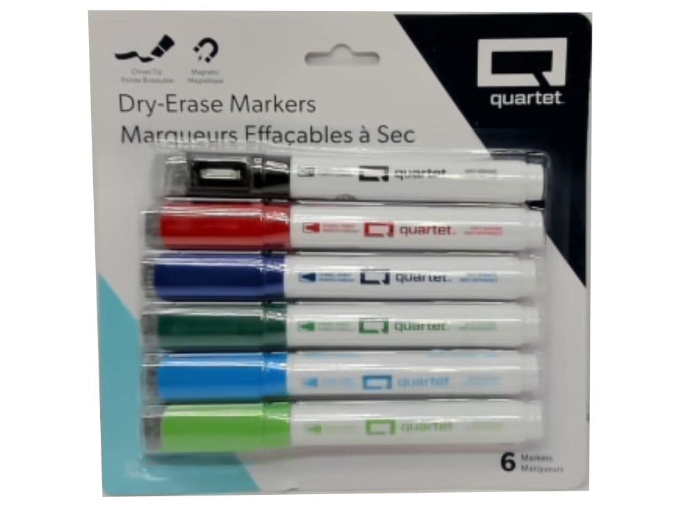 Dry Erase markers 6 pk. Assorted colours chisel tip magnetic Quartet - Brantford Surplus