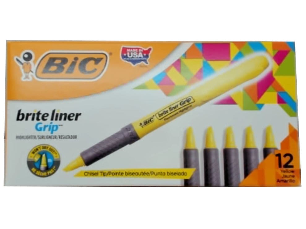 Highlighter Brite Liner Grip 12pk. Yellow Chisel Tip Bic (or $0.79ea) - Brantford Surplus