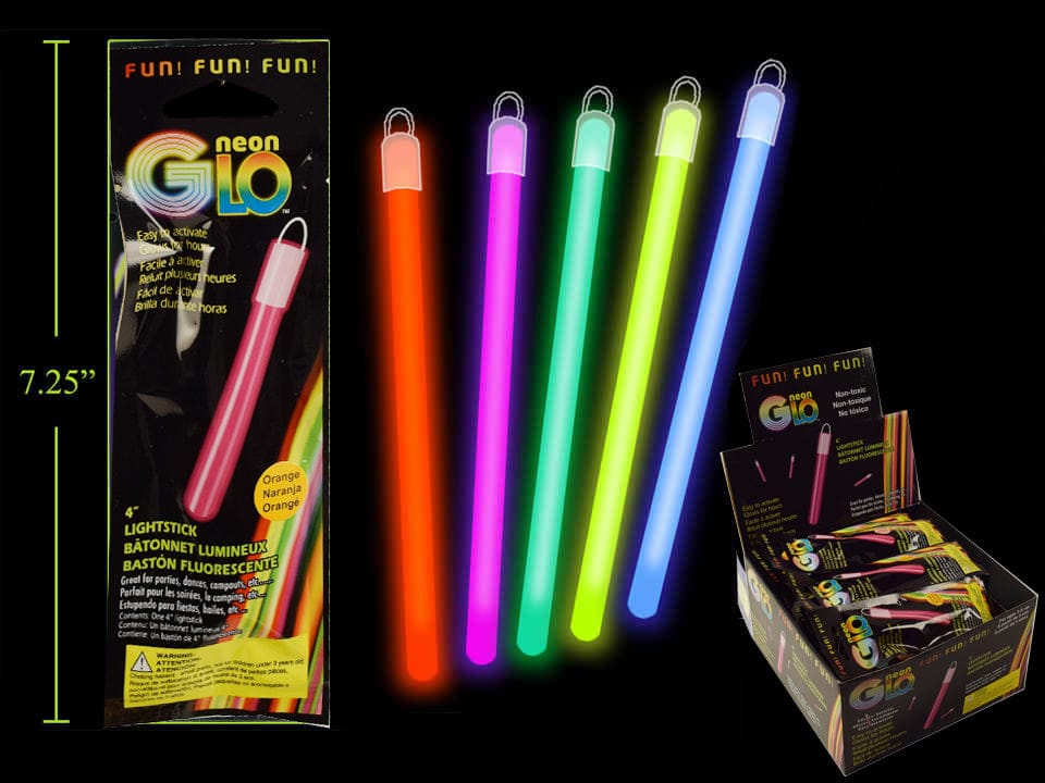 Neon Glo 4" Light Stick & Necklace, 5 col., foil pack - Brantford Surplus