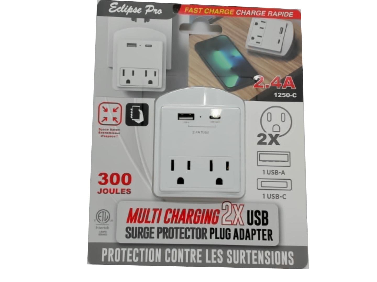 Multicharger with surge protector - USB-A Type-C 2.4A total with 2 outlets - Brantford Surplus