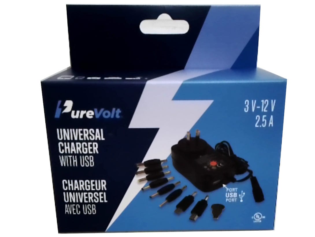 Universal Charger w/USB 2.5A 3V-12V Purevolt - Brantford Surplus