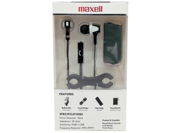 Wired Earbuds w/Mic Tangle-Free Winder & Travel Pouch Maxell
