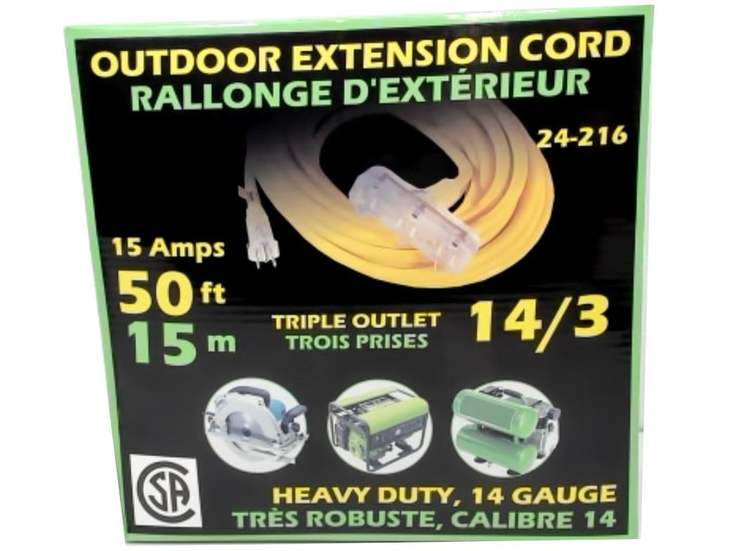 Extension Cord 50' Outdoor Triple Outlet 15A 14/3 - Brantford Surplus