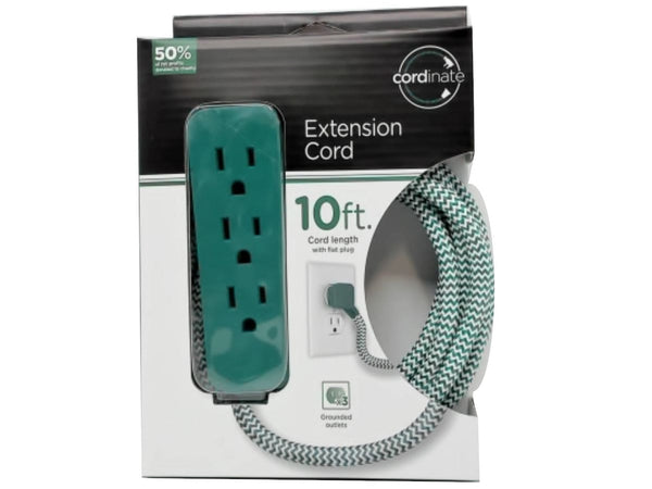 Extension Cord 3 Outlets 10' Cord w/Flat Plug Green Cordinate