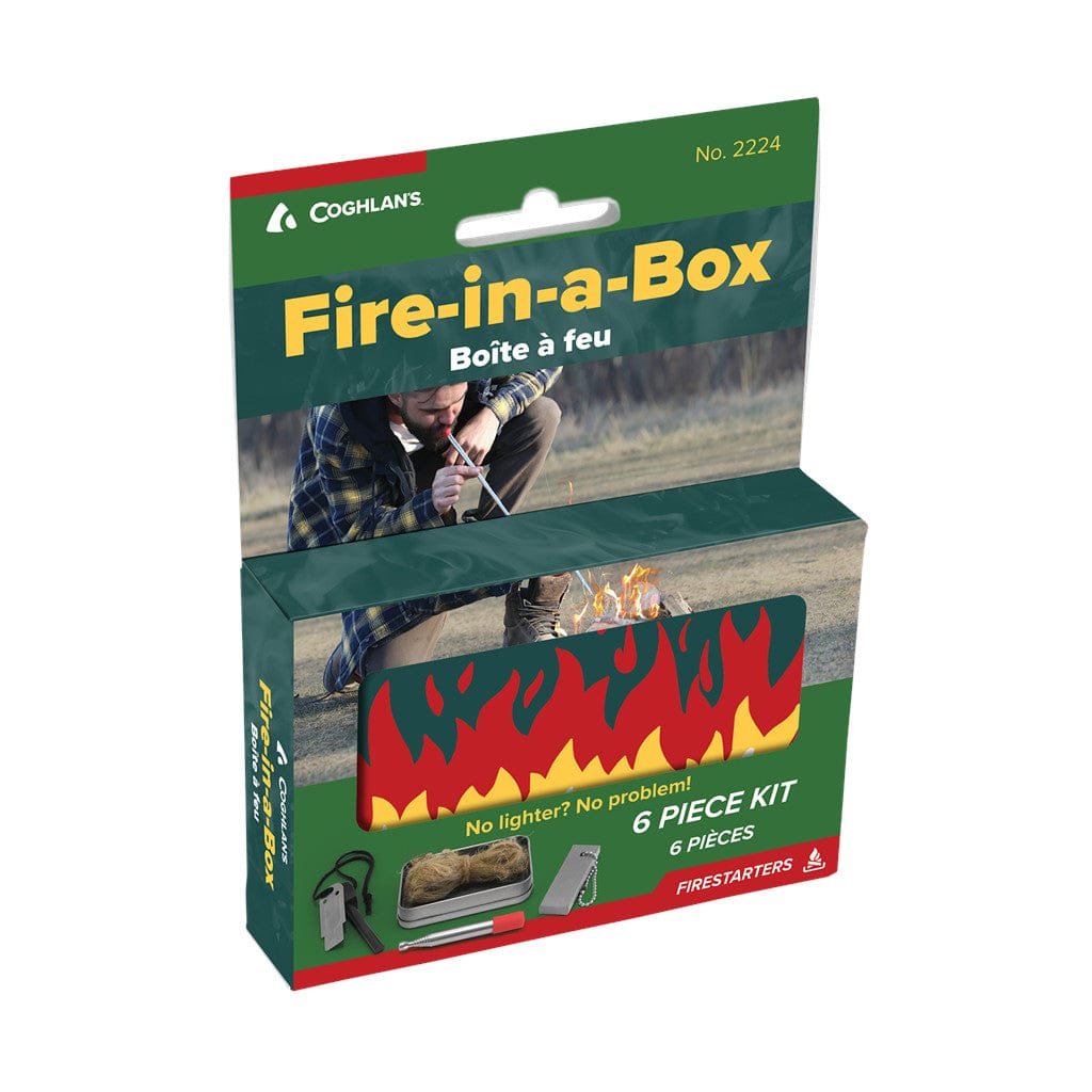 Fire In A Box - magnesium bar, flint rod, flint scraper, bellow, jute tinder in tin storage can - Brantford Surplus