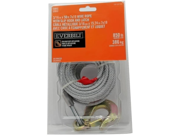 3/16" X 50' 7x19 Wire Rope w/Slip Hook & Latch 850lb. Galvanized Everbilt