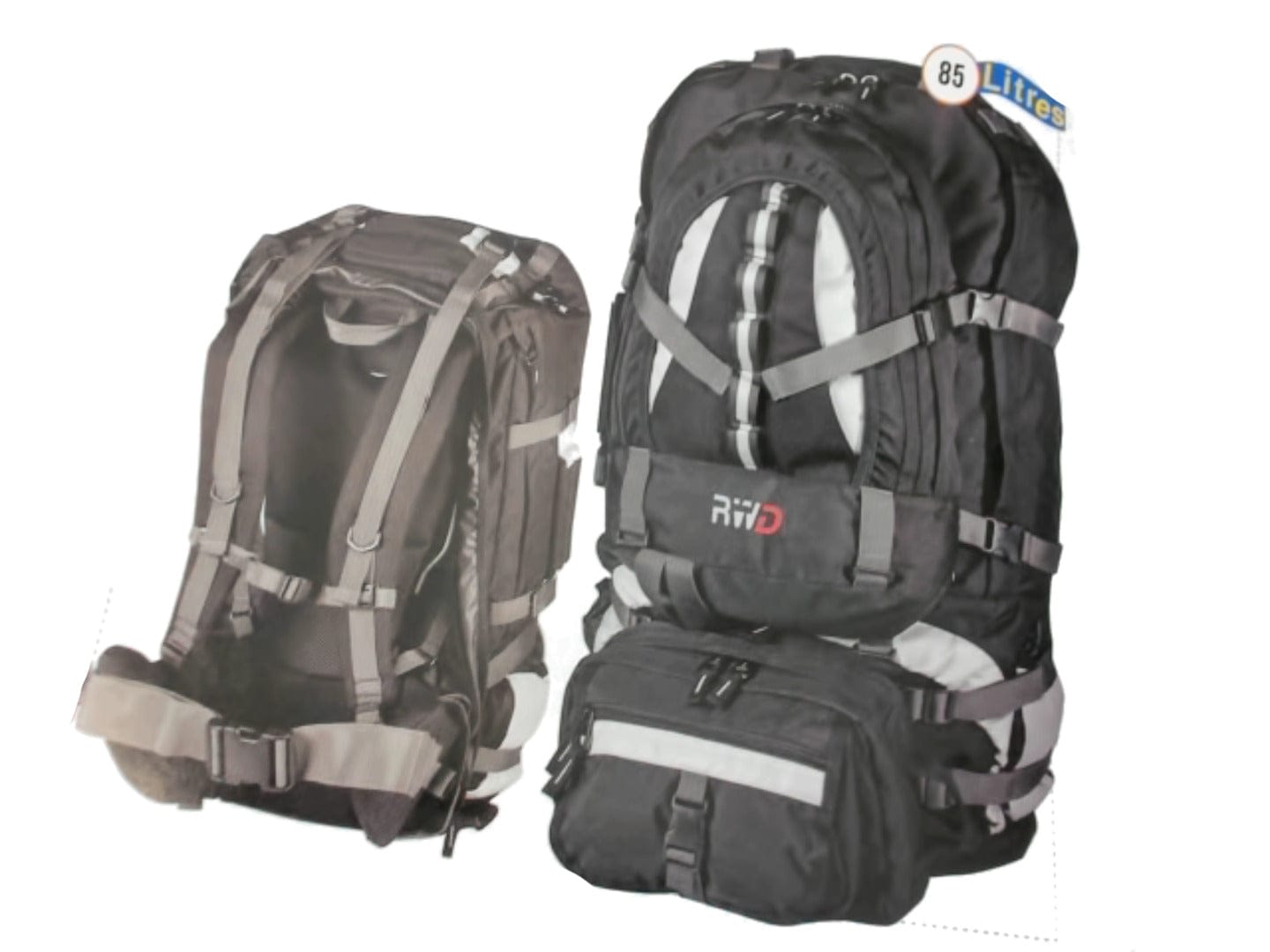 RWD Boulder 85 travel pack black OBUSFORME 85 litre 32x20x15 inch 82x51x38cm - Brantford Surplus