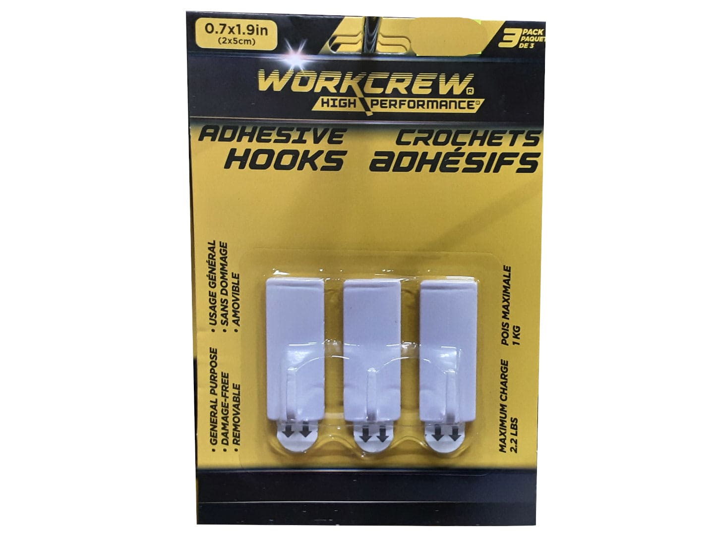 Adhesive Hooks 0.7" x 1.9" 3pk. Workcrew - Brantford Surplus