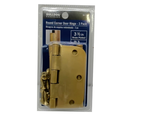 Round Corner Door Hinge 3.5" 3pk. Brass Plated Bulldog
