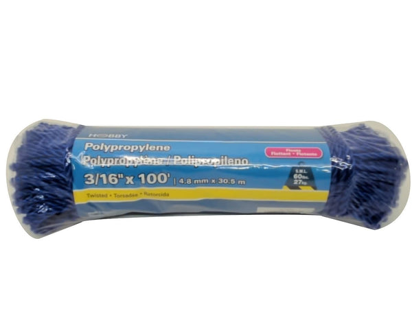 Polypropylene Rope 3/16" X 100' Blue Twisted 60lbs. (endcap)