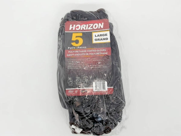 Gloves Polyurethane Coated 5pk Large Black Horizon