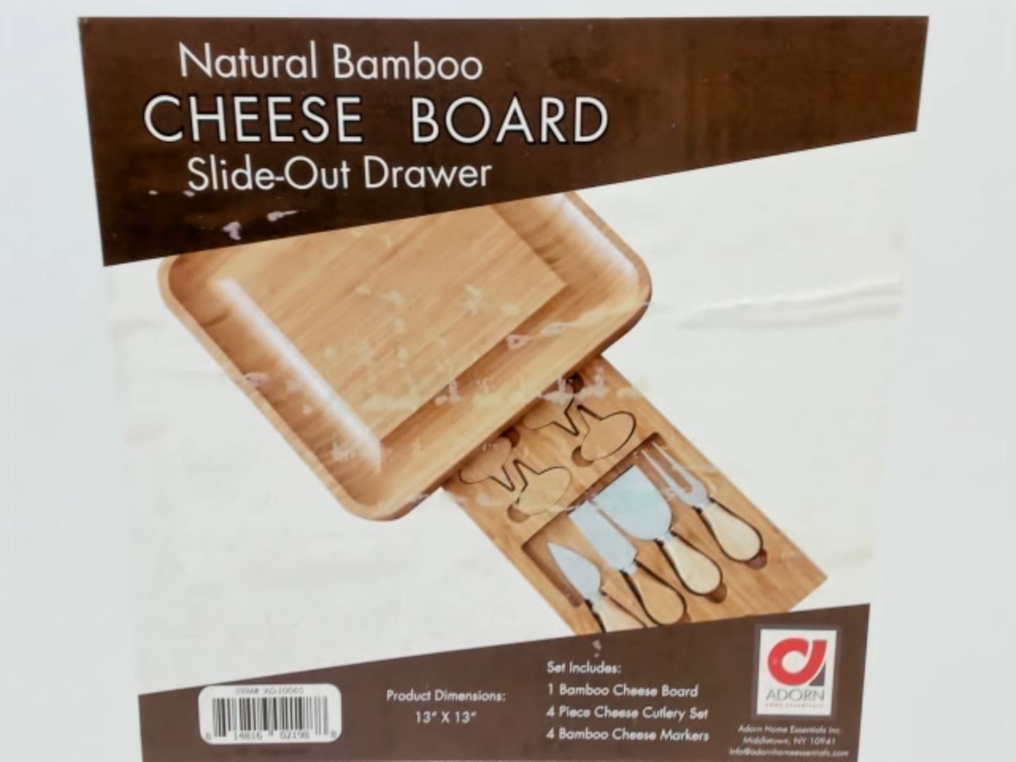 Cheese Board Bamboo 13"x13" w/Slide Out Drawer - Brantford Surplus