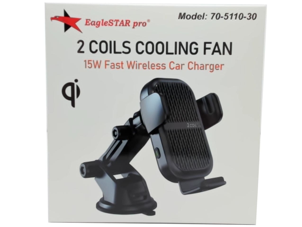 Car charger wireless 15W fast charge suction cup mount - 2 coils and cooling fan - Brantford Surplus