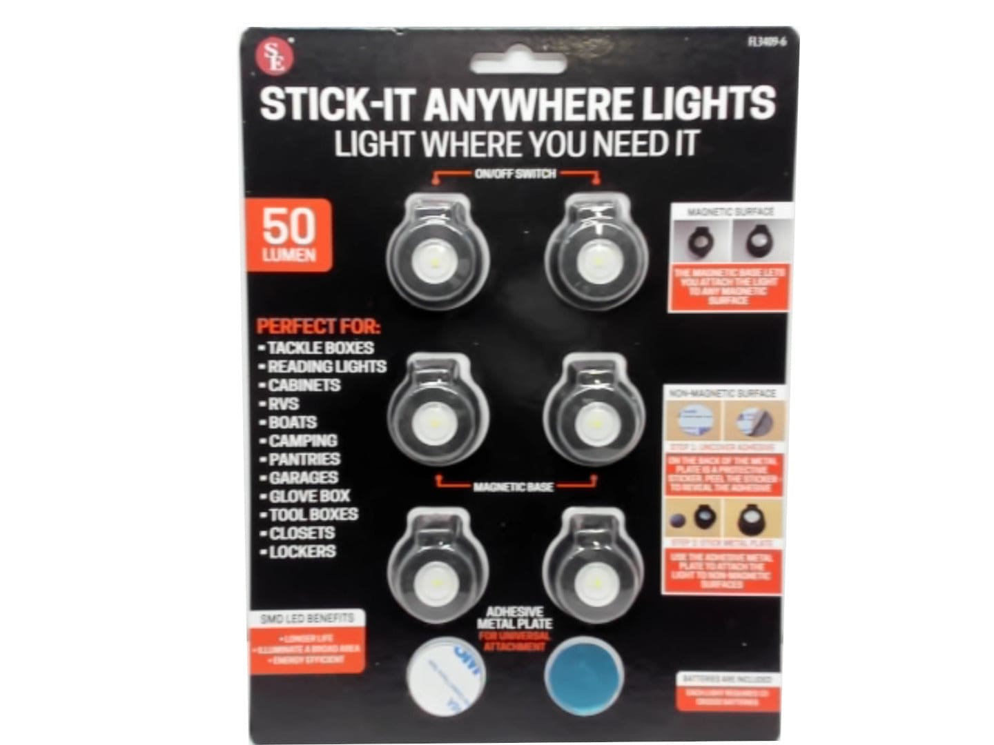 Stick-it Anywhere Lights 6pk. 50 Lumens Magnetic Or Adhesive - Brantford Surplus