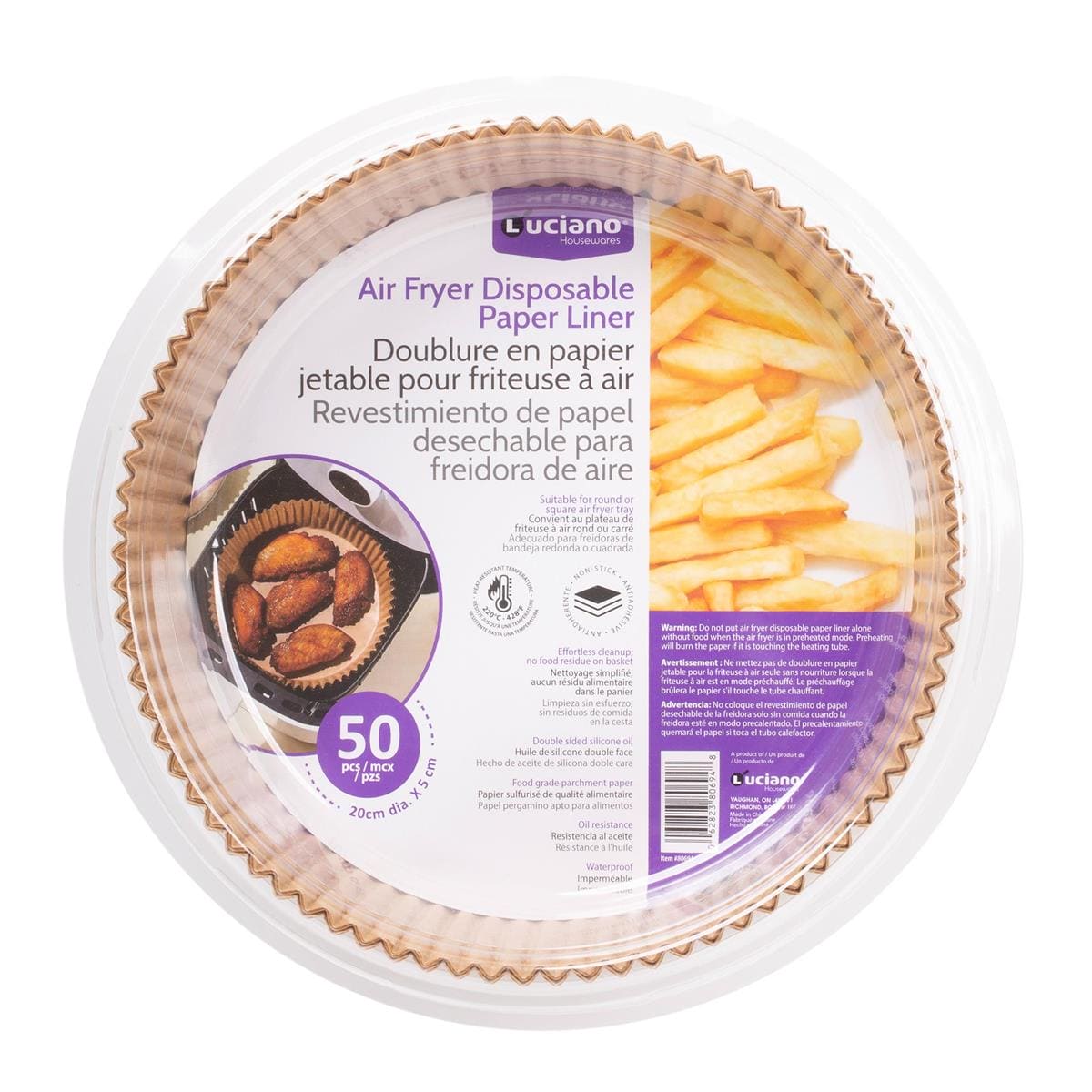 Luciano, 50-pc AirFryer Paper Liner 20cm dia. X 4.5cm, clamshell - Brantford Surplus