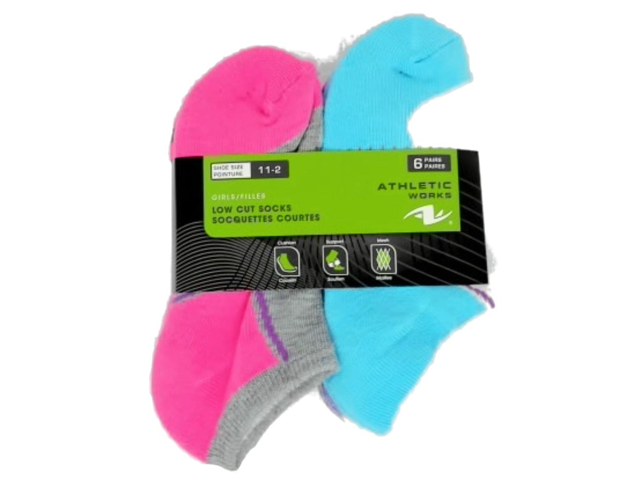 Socks Girls Low Cut 6pk. Size 11-2 Ass't Colours Athletic Works - Brantford Surplus