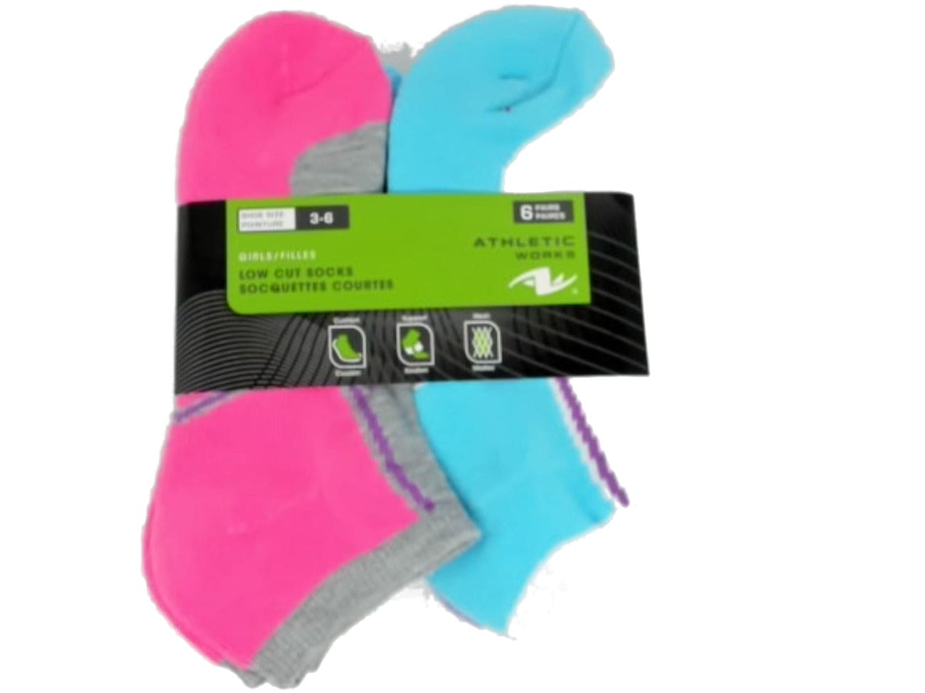 Socks Girls Low Cut 6pk. Size 3-6 Ass't Colours Athletic Works - Brantford Surplus