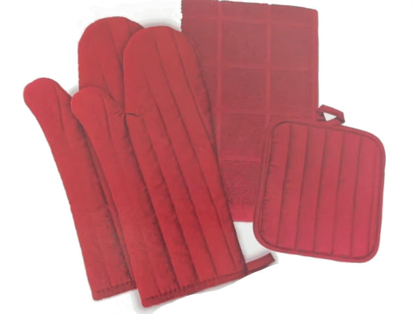 Solid 4 pc kitchen sets - mitts, pot holder, towel red