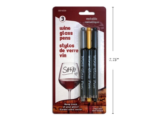 Metallic Wine Glass Pens. 3 Asst.Colours: Black / Gold / Silver 3 pack - Brantford Surplus