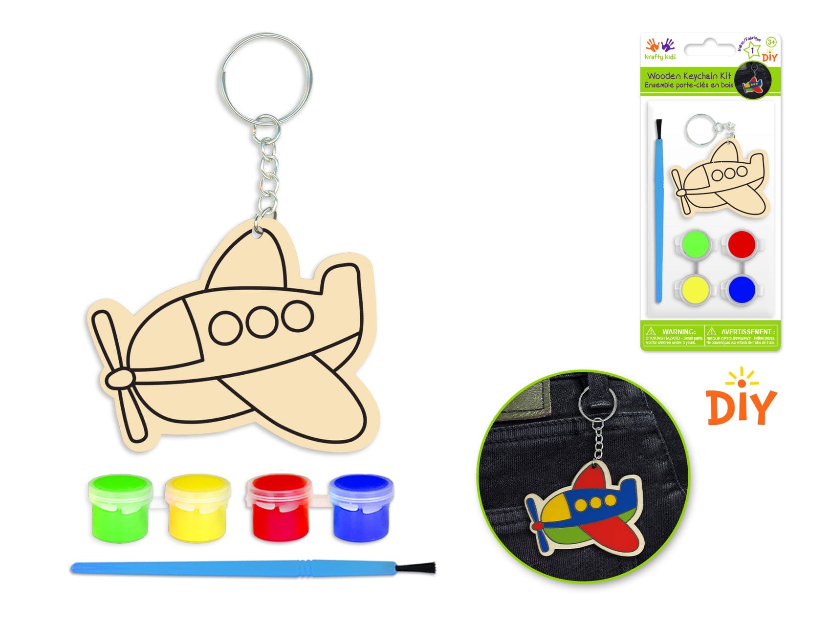 Krafty Kids Kit: DIY Wood Keychain Kit w/4 Paint Pots+Brush B) Plane - Brantford Surplus