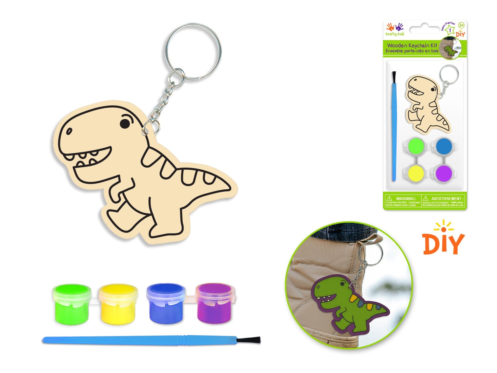 Krafty Kids Kit: DIY Wood Keychain Kit w/4 Paint Pots+Brush D) T-Rex - Brantford Surplus